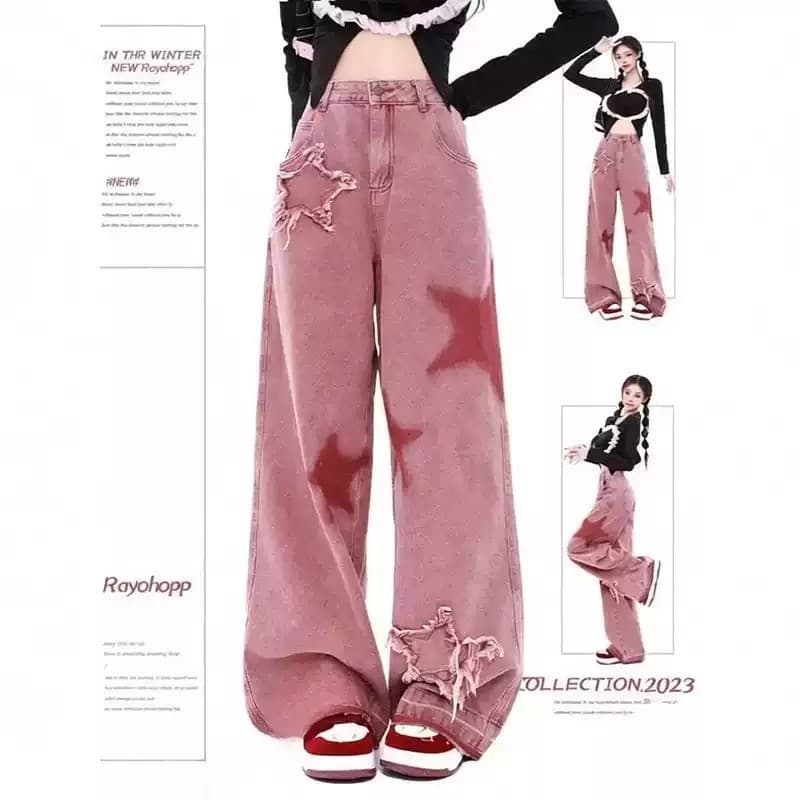 Jeans Soltos De Cintura Alta Com Pentagrama Rosa-Casual Feminino