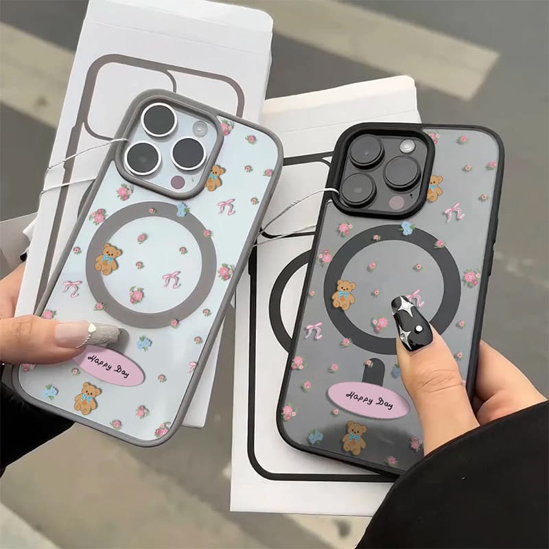 Urso Floral adequado para iPhone17 novo estilo magnético 16Promax caso de telefone fosco borda macia 14 exclusivo 13