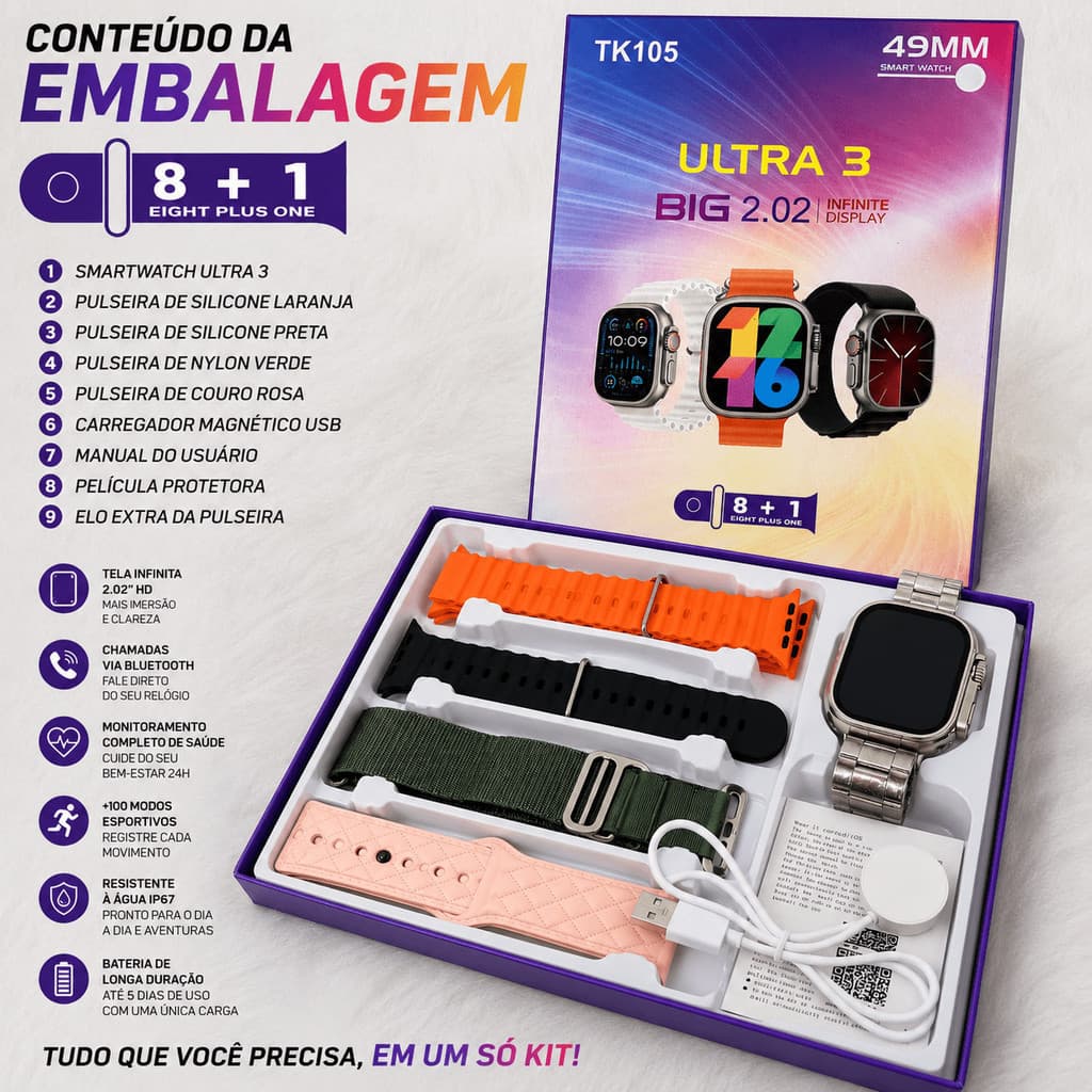 Smartwatch Ultra 3 TK105 49mm Tela 2.02 HD Bluetooth IP67 8+1 Pulseiras Kit Completo
