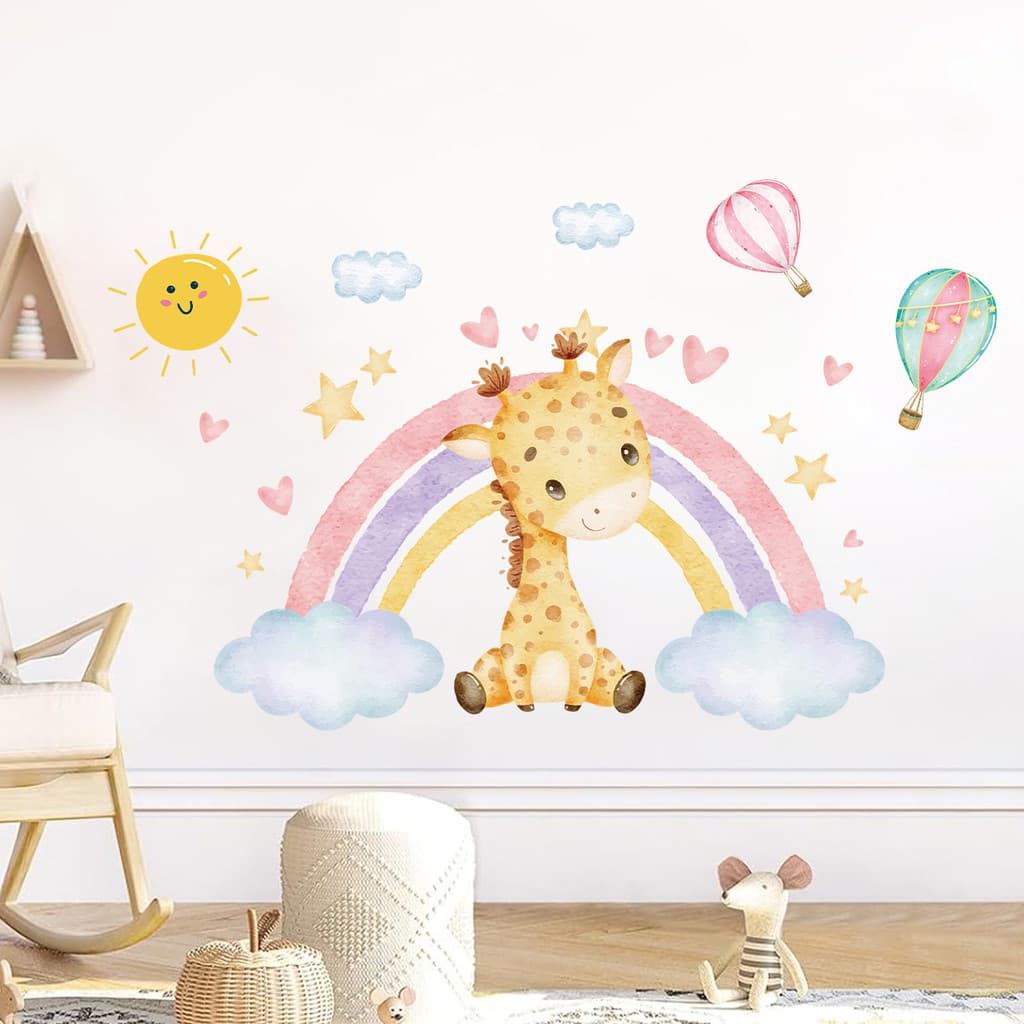 Adesivos de parede dos desenhos animados arco-íris sol de parede bonito girafa auto-adesivo adesivos de parede