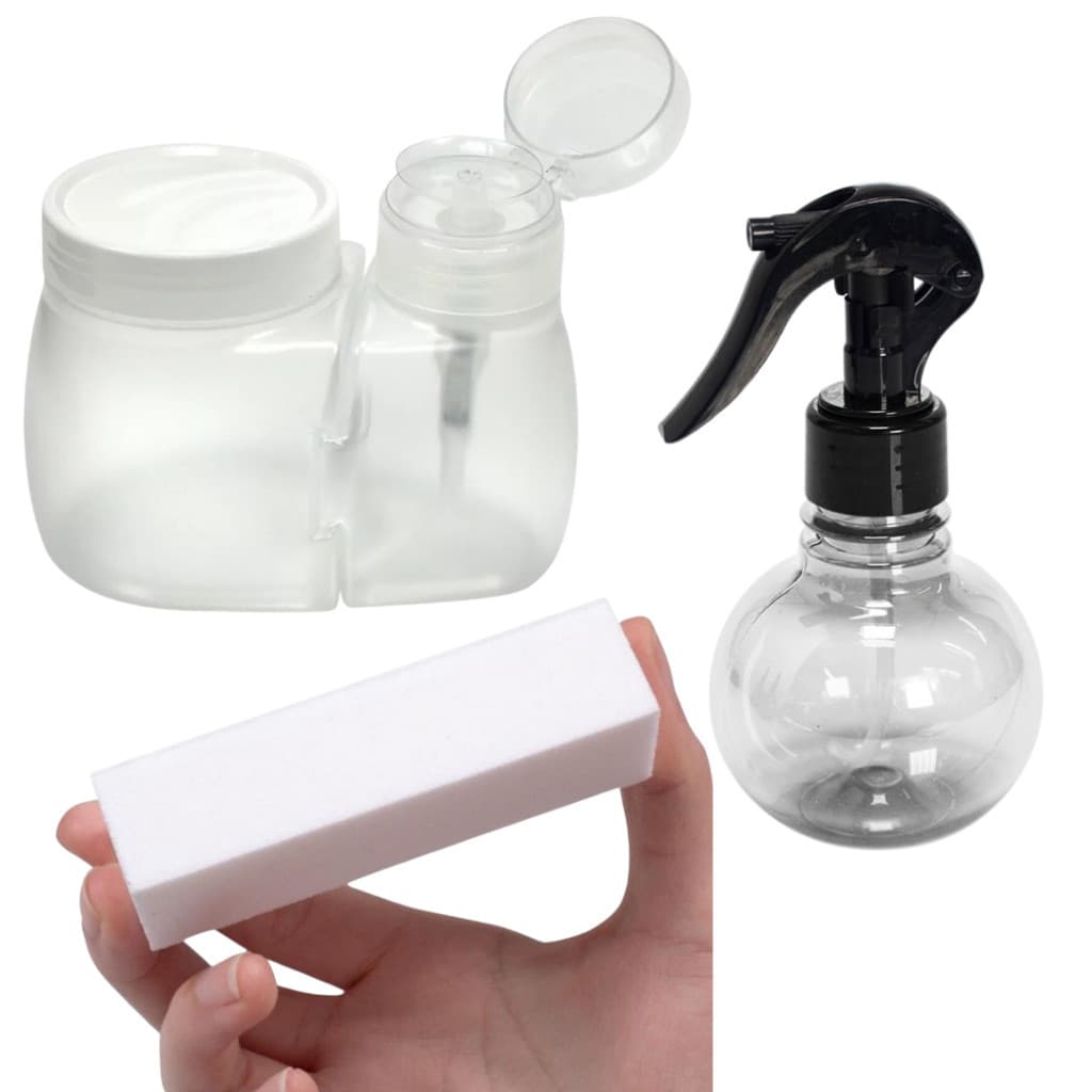 KIT DOSADOR DE ACETONA COM PORTA ALGODÃO + BORRIFADOR BOLINHA 180ML + LIXA CUBO BRANCA
