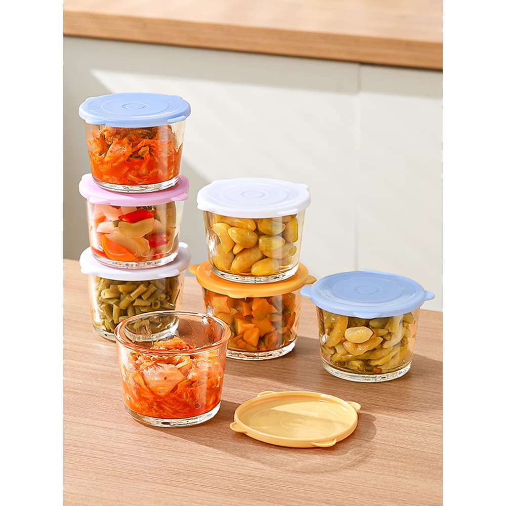 Tigela de picles de vidro, trabalhadores de escritório com pratos laterais de arroz, caixa de preservação de frutas, jar
