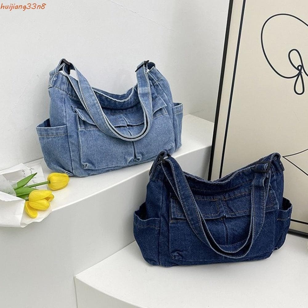 Bolsa Mensageiro Jeans HUIJIANG , De Ombro De Lona Com Vários Bolsos Azul Estilo Coreano Para Axilas