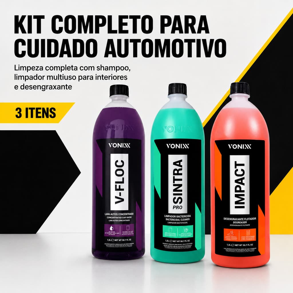 Kit Vonixx V-Floc Sintra Pro Impact 1,5L Lavagem Limpeza Interior Desengraxante 3 Itens Carro Moto