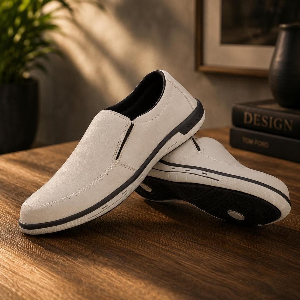 KIT 3 Slip On Iate Masculino Couro Ecológico Branco Sapato Casual Confortável Leve Calce Fácil Branco