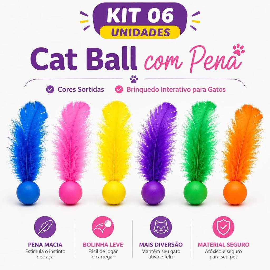 Kit 6 Bolinhas Cat Ball Vinil com Pena - Brinquedo Interativo para Gatos, Leve e Atrativo