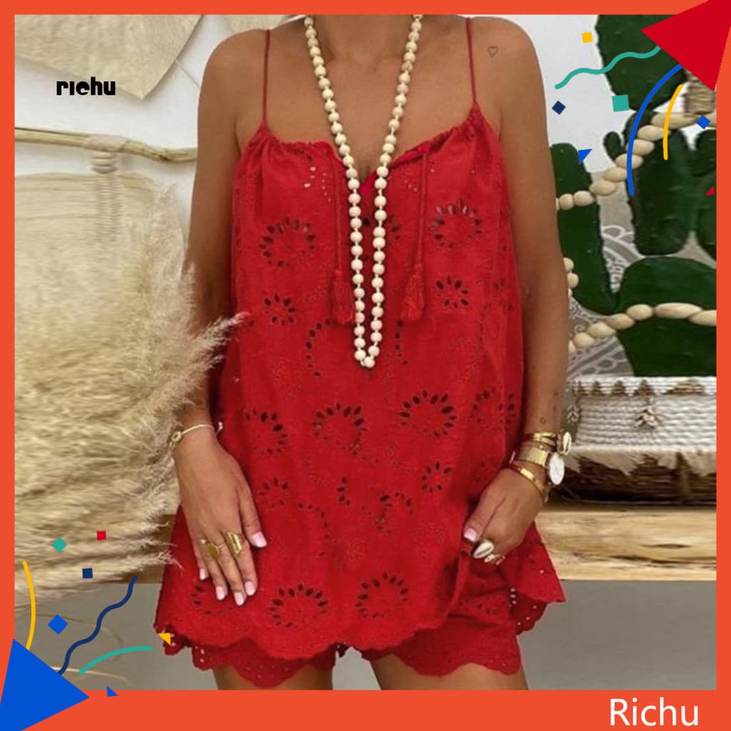 Richu * 2 Pçs/Set Cordão Borla Roupa Casual Com Forro Bordado Padrão De Flor Oco Out Lace Trim Sling Colete Top Largo