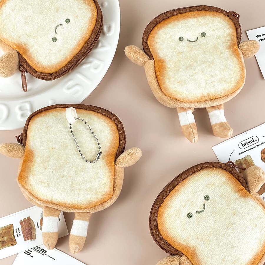 Bonito porta-moedas de pelúcia em formato de torrada estilo japonês, pingente criativo de pão fatiado, bolsa para fones