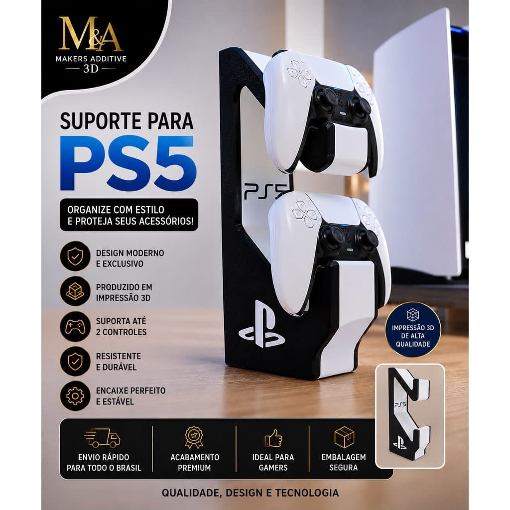 Suporte Duplo para Controle PS5 | Organizador de Mesa | Impressão 3D Premium | Compatível com DualSense