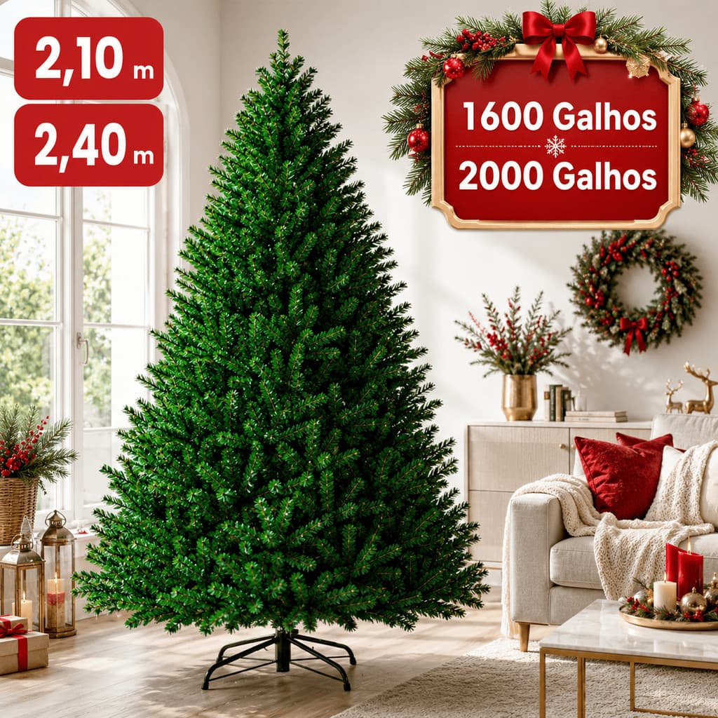 Arvore de Natal Cheia Volumosa 2,40m e 2,10 até 2000 Galhos Pinheiro Tradicional Montagem Fácil