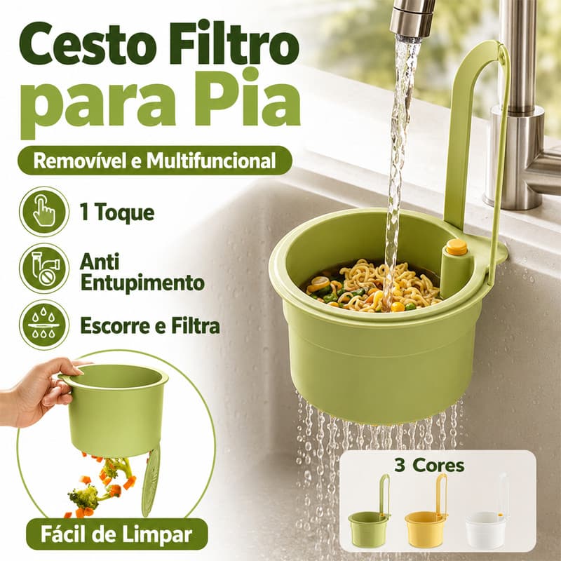 Cesto Filtro Pia para Cozinha Multifuncional Removível Anti Entupimento Escorredor de Alimentos com Base 1 Toque