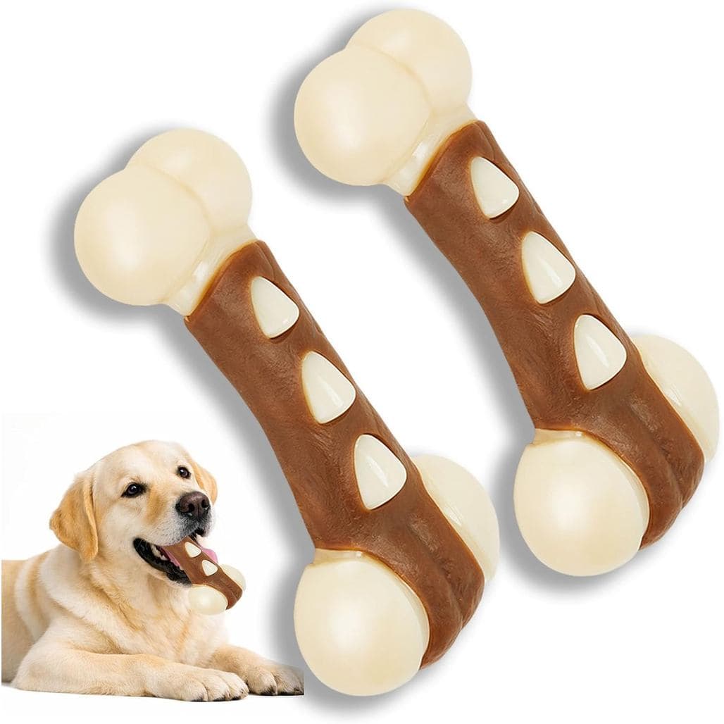 Ossos de Nylon para Cães com Mordida Forte, Pacote com 2 Brinquedos de Mastigar com Sabor de Carne Bovina, Brinquedos Du