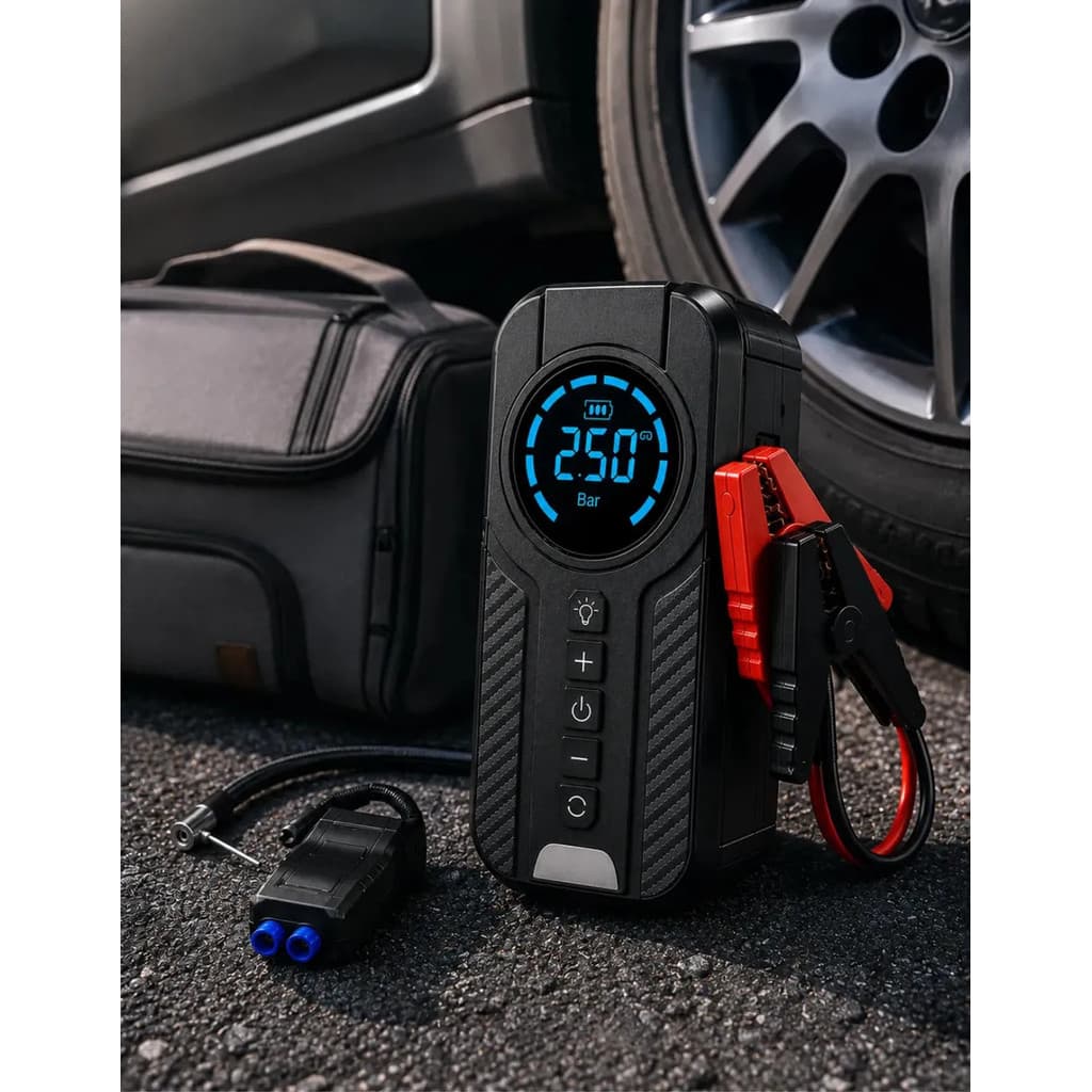 Auxiliar De Partida Para Carro Compressor De Ar Portátil 12V Digital Calibrador De Pneu Power Bank Moto SUV Midia Fone
