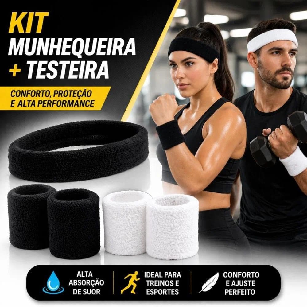 Kit 1 munhequeira + 1 testeira atoalhada absorve suor