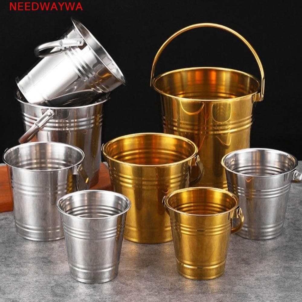 Balde De Gelo De Aço Inoxidável NEEDWAYWA , Redondo Com Alças , Mini Baldes De Metal , Multifuncional De Frutos Do Mar