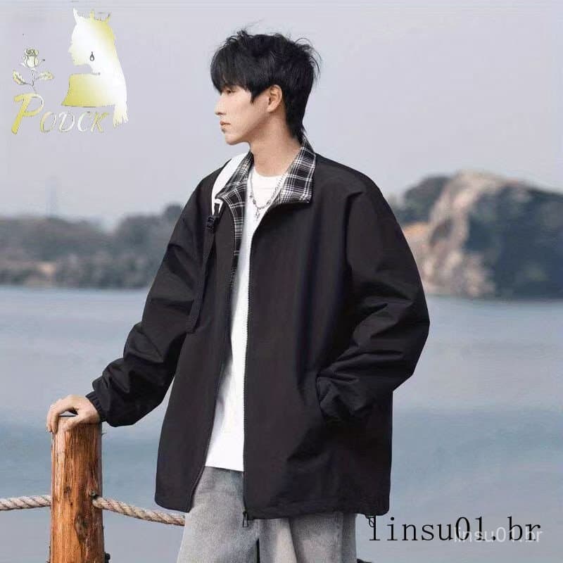 Cor combinando verificado gola alta jaqueta esportiva masculina primavera solta Casual meninos roupas superiores estilo