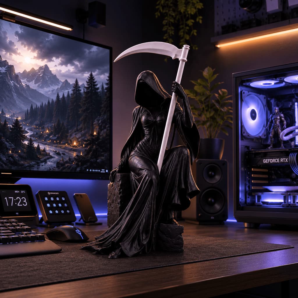 Escultura Decorativa Guardiã Encapuzada Com Foice Branca Estátua Gótica Premium Para Mesa, Setup Gamer