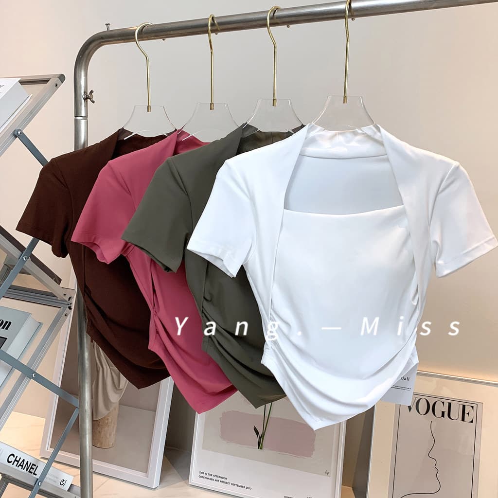 Nude sentir falso de duas peças Yoga manga curta lado plissado mais magro olhar esportes topo Fitness Wear camiseta com