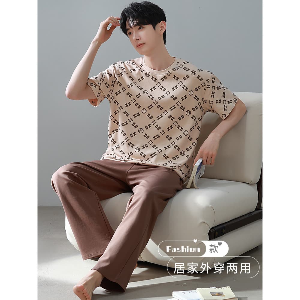2024 novo estilo pijamas de algodão puro masculino verão calças de manga curta masculino Plus Size pulôver Loungewear pr