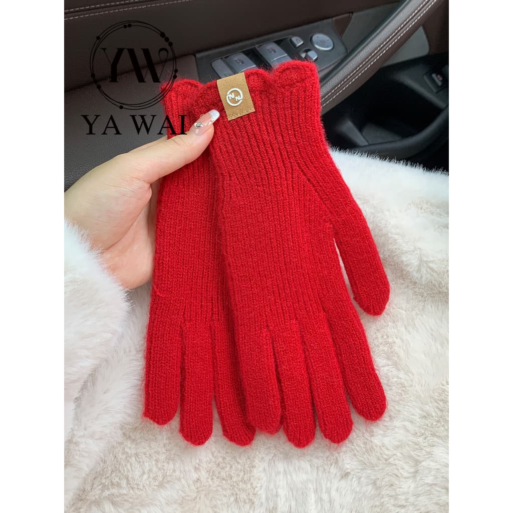 Moda renda malha luvas quentes feminino inverno versão coreana cor sólida com vazamento dedo tela sensível ao toque joga