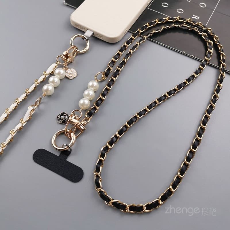Cordão de telefone móvel Cross-body pingente pérola couro cartão corrente traseira feminina tipo clipe longo caso de tel