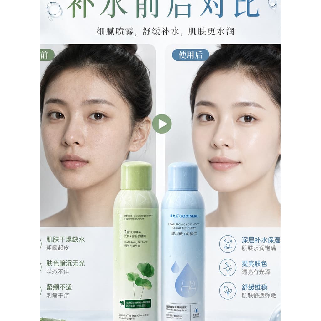 Guoyuner Ácido Hialurônico Hidratante Névoa Calmante Centella Asiatica Tea Tree Controle de Óleo Hidratante Toner Essênc