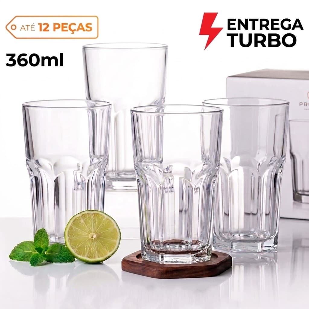 Jogo 12 Copos Vidro 360ml Bristol Para Suco Água Drink Vitaminas Copo Canelado Elegante
