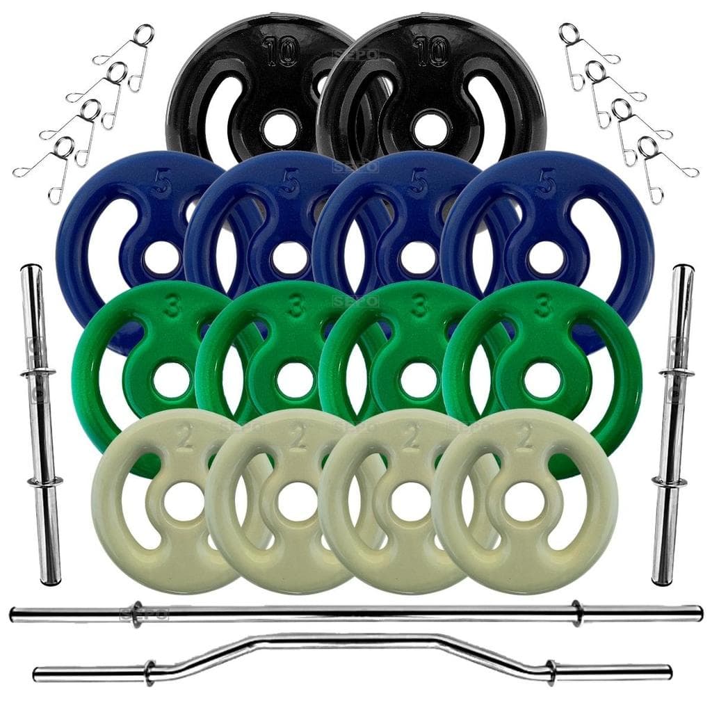 Kit 60Kg Anilhas Emborrachadas com Barras 40cm e 1,60m + Barra W 1,20m
