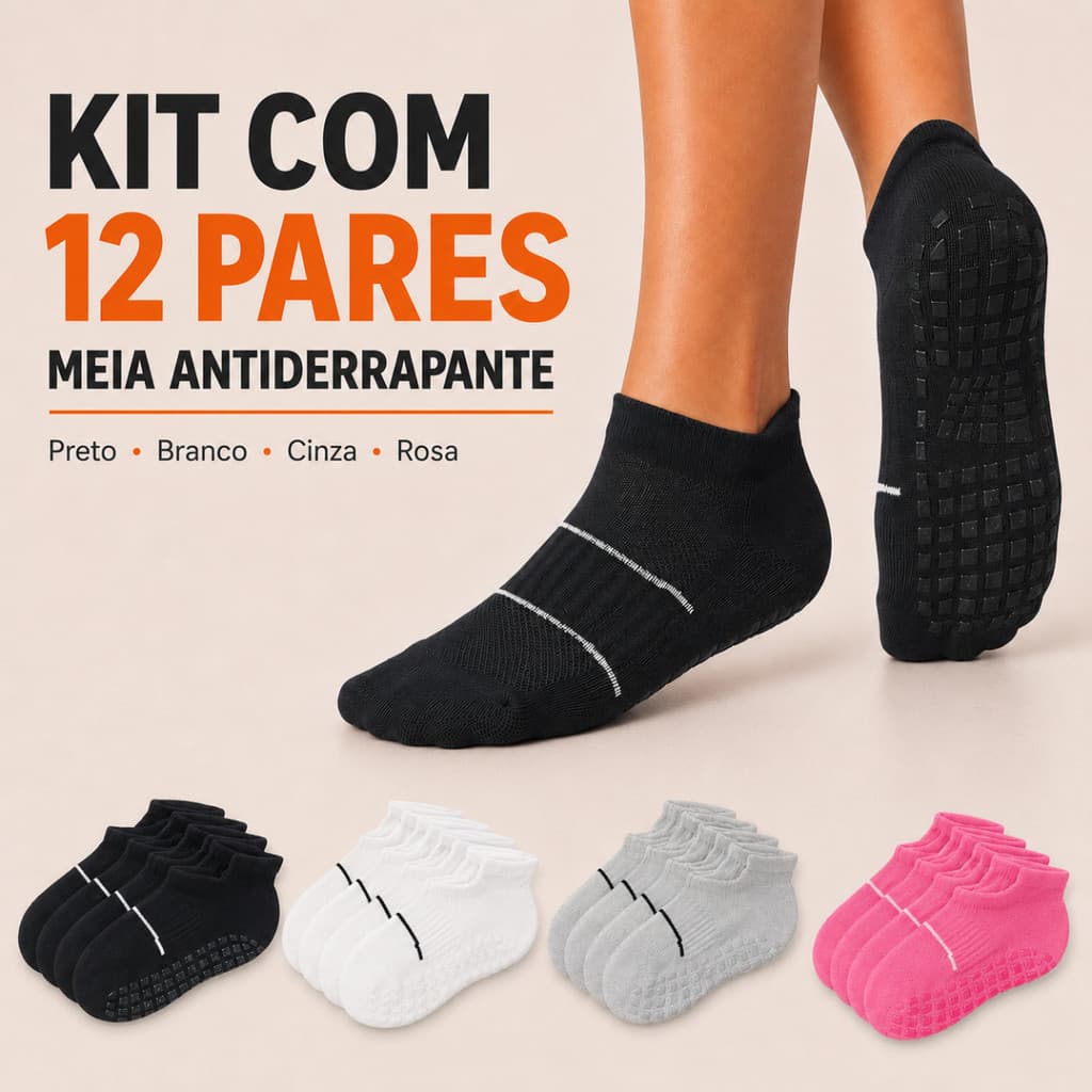 Kit 12 Pares Meia Esportiva Antiderrapante Feminina Academia Pilates Yoga Hidroginástica Sortidas