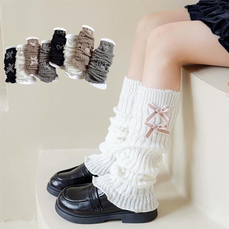 Meias brancas japonesas primavera outono estilo arco malha pilha meias femininas outono inverno y2k meias botas de neve