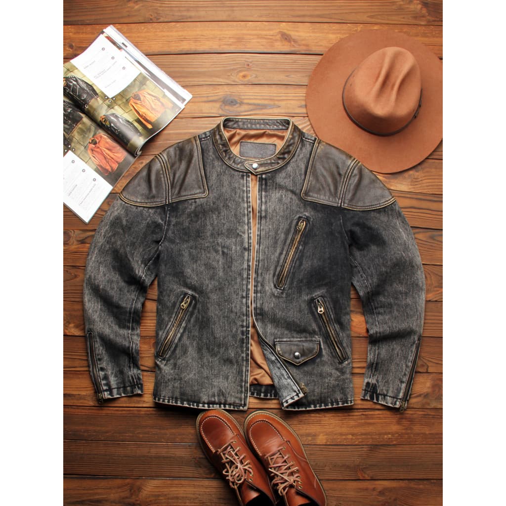 Retro veneno jaqueta de couro masculino Denim com couro lavado angustiado gola alta curto fino-ajuste jaqueta da motocic