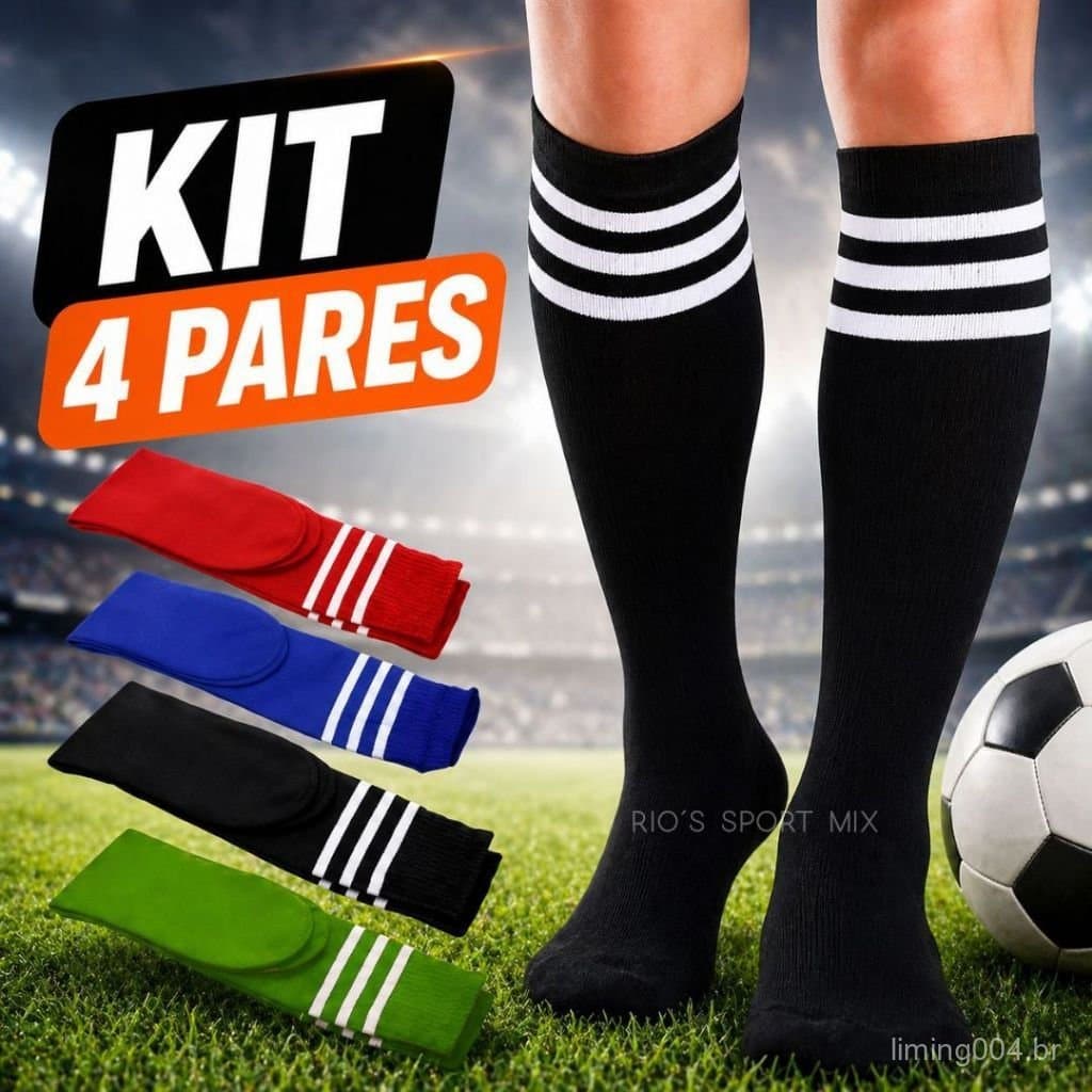 4 Pares ou 1 Par de Meião Futebol Adulto Cano Alto Confortável Ideal Treino e Jogo Respirável