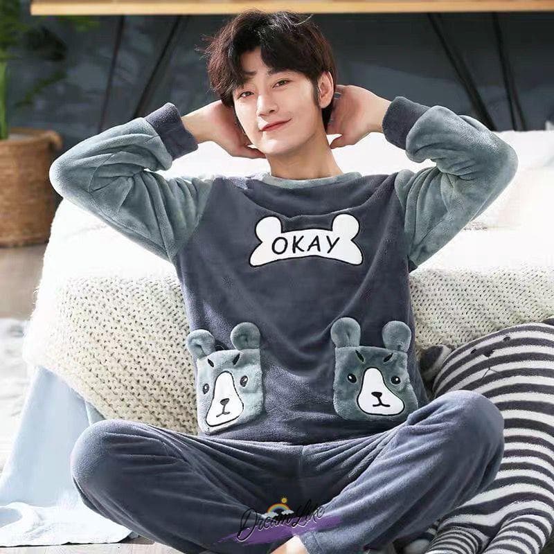 Pijamas masculinos outono inverno flanela engrossado velo Coral velo dos desenhos animados pijamas masculino Homewear te