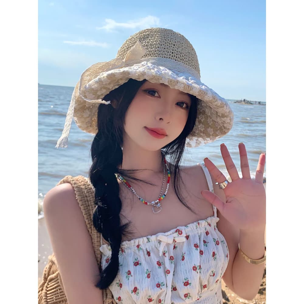 Estilo japonês flor fresca renda chapéu de palha feminino verão passeio à beira-mar férias estilo All-Match praia balde