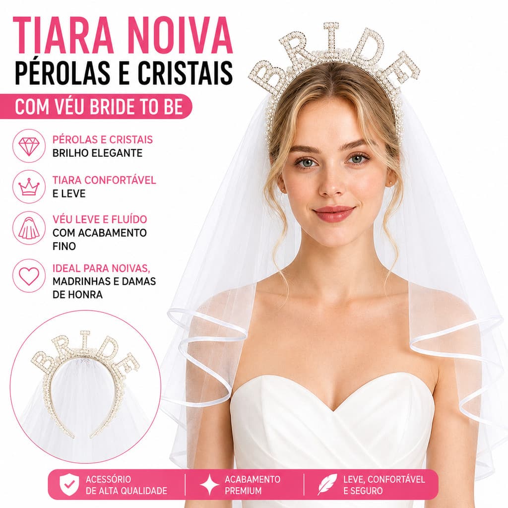 Tiara Noiva Pérolas Cristal Véu Bride To Be Luxo Romântico Vintage Clássico Prata Ouro Branco Delicado