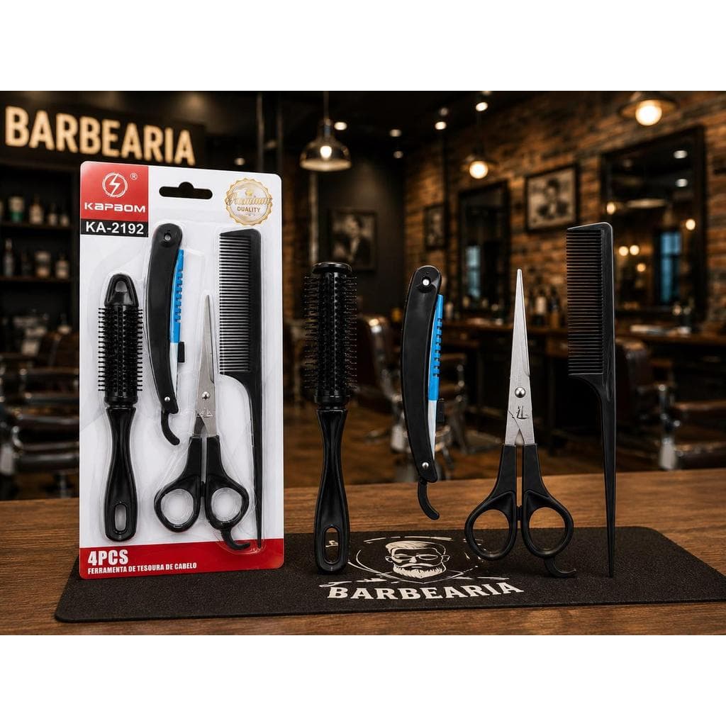 Kit Barbeiro 4 Peças Profissional – Pente, Escova, Navalha e Tesoura para Corte de Cabelo