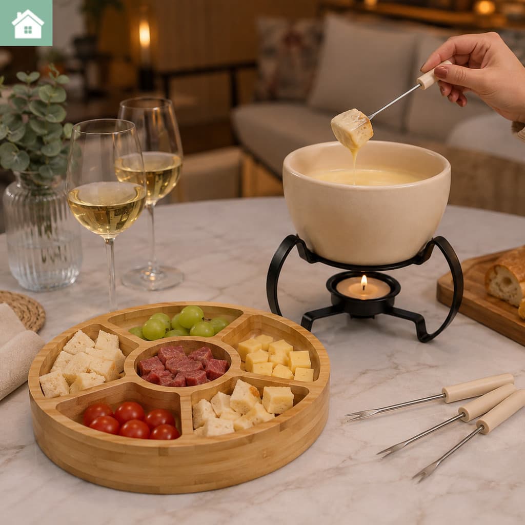 Conjunto Aparelho de Fondue 450ml e Petisqueira Alta Redonda em Bambu 25cm