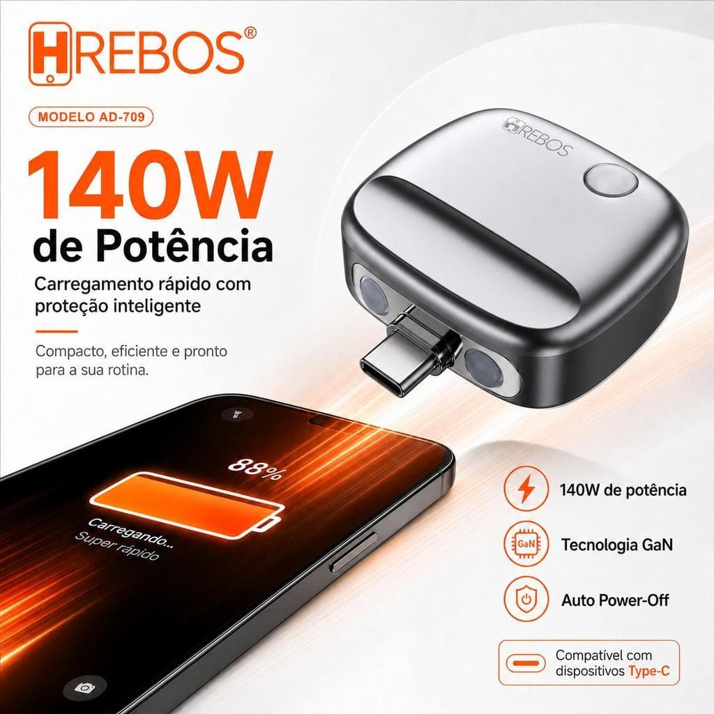 Hrebos Protetor de carregamento rápido de 140 W com função pop-up de proteção automática para proteger a bateria