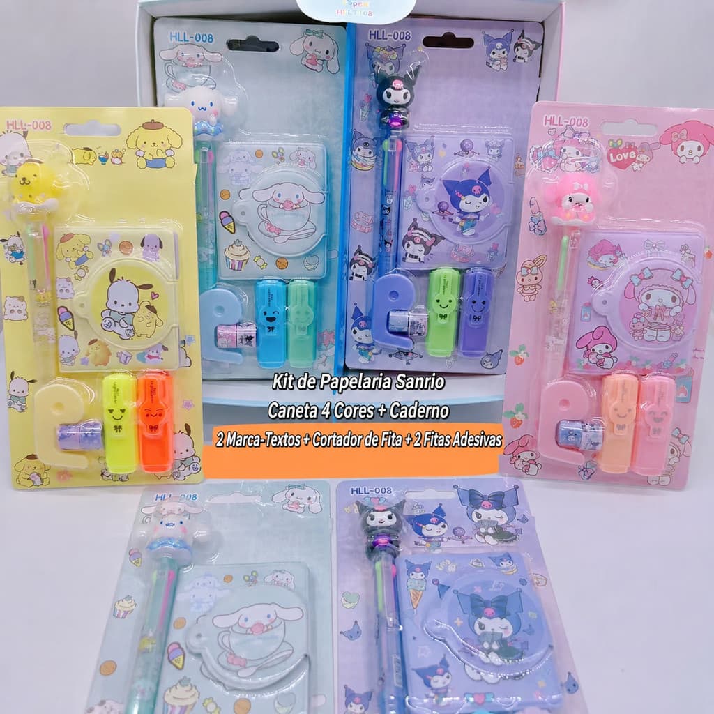 Kit Escolar Infantil Papelaria Fofa com Caderno Canetas Marca-Texto Fita Adesiva Material Escolar Presente