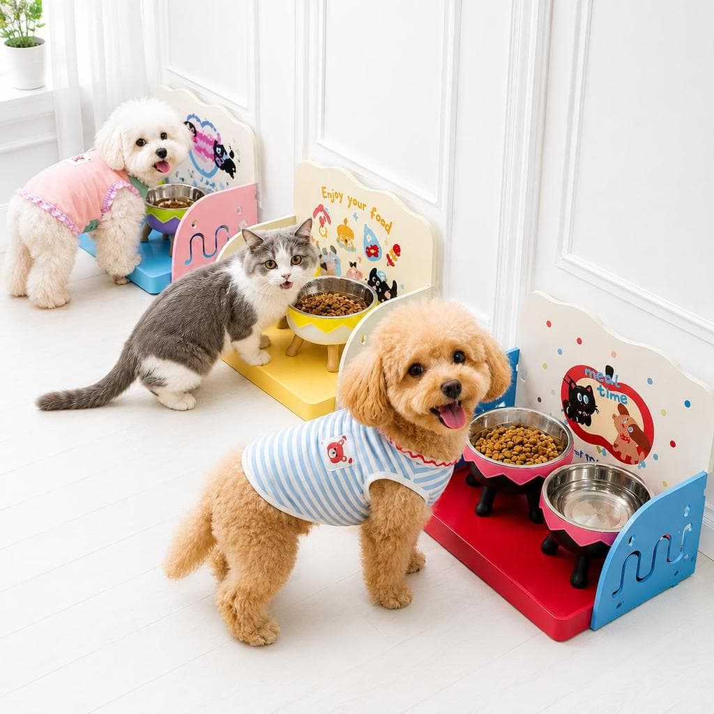 Kit Comedouro para Cães e Gatos Tigela Elevada 350ml em Inox com Mesa de Alimentação Pet Várias Combinações Disponíveis