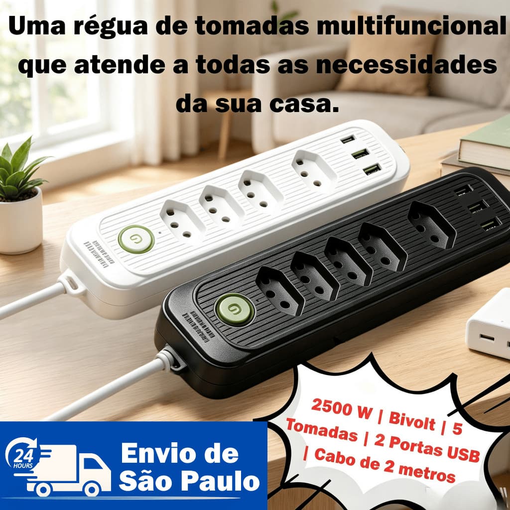 Régua De Energia 8 Em 1 2500W 5 Tomadas 2 USB Type C Cabo 2m Anti Chamas 750°C Bivolt