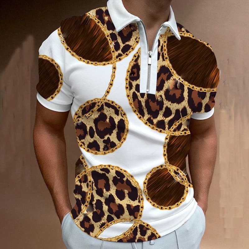Novo Verão Camisa Polo Masculina Leopardo Impressão Casual Manga Curta Polos Camisas Dos Homens Turn-Down Colarinho Zípe