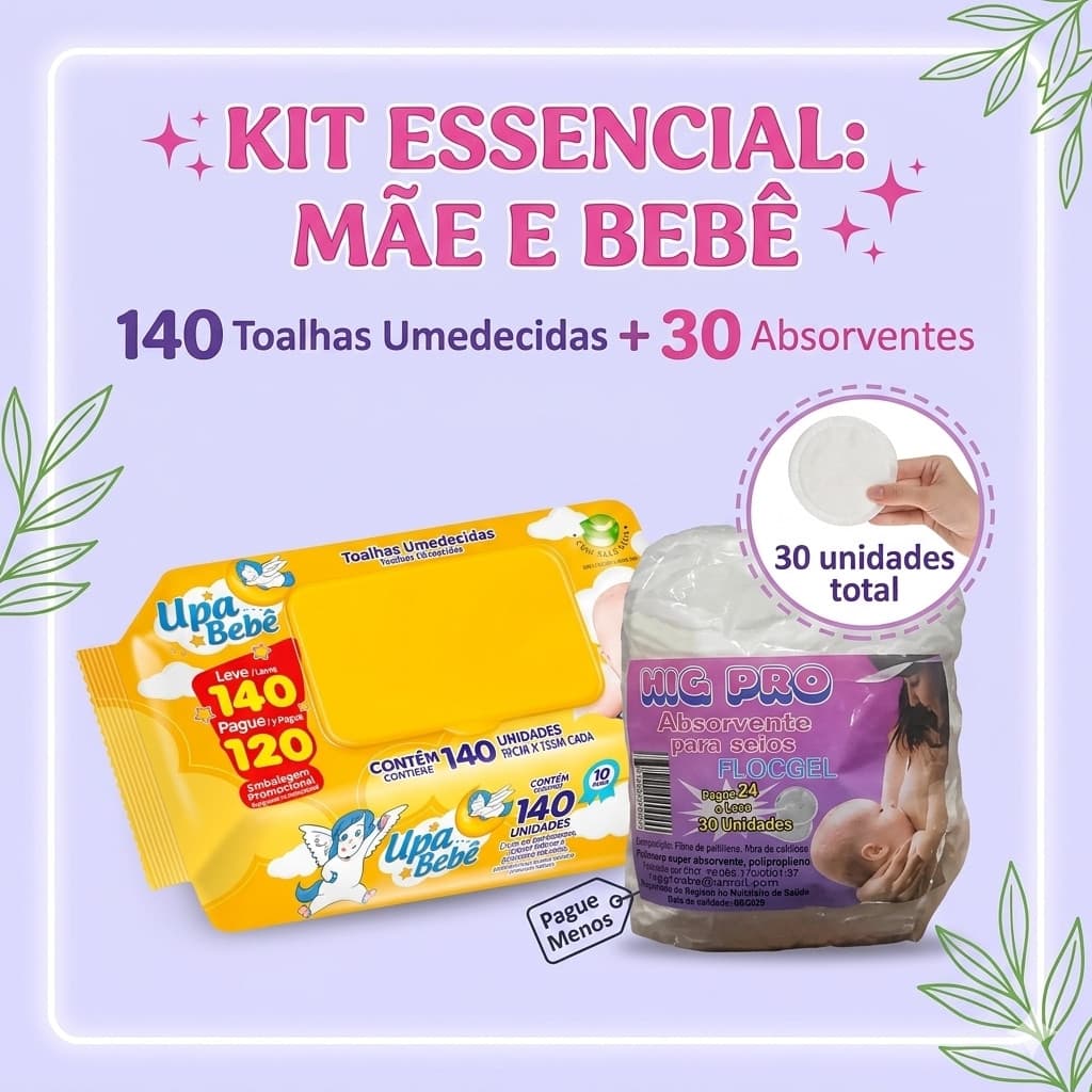 Kit Maternidade: 140 Toalhas Umedecidas Upa Bebê Leve 140 Pague 120 + 1 Pacotes Absorvente para Seios Hig Pro Flocgel