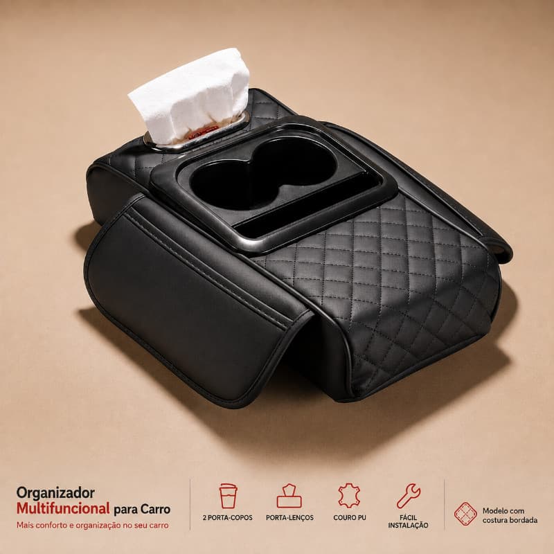 Apoio de elevação para console central automotivo 4 em 1 com 2 porta-copos, porta-lenços e organizador