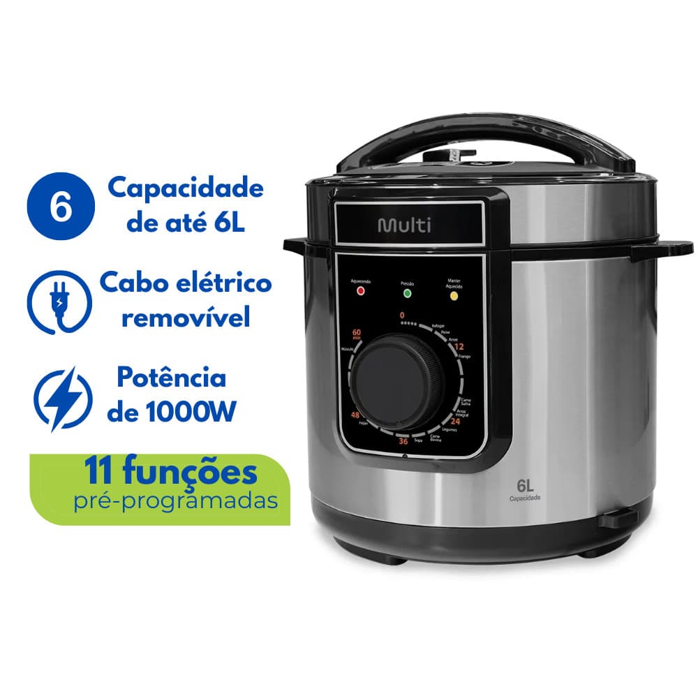 Panela De Pressão Elétrica 6L Removível 11 Funções Antiaderente 1000W Timer