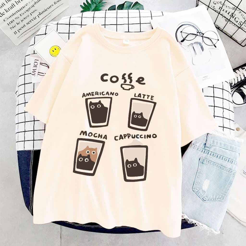 Camiseta Gato Gatinho Cat Coffee Cafe Cappuccino Harajuku Aesthetic Unissex Feminino 100% Algodão