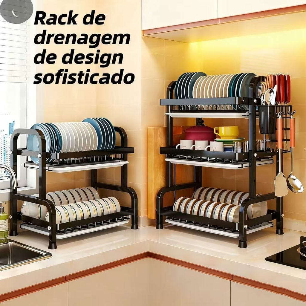 Escorredor Organizador de Louças 2 andar  Preto Aço Inoxidável Rack