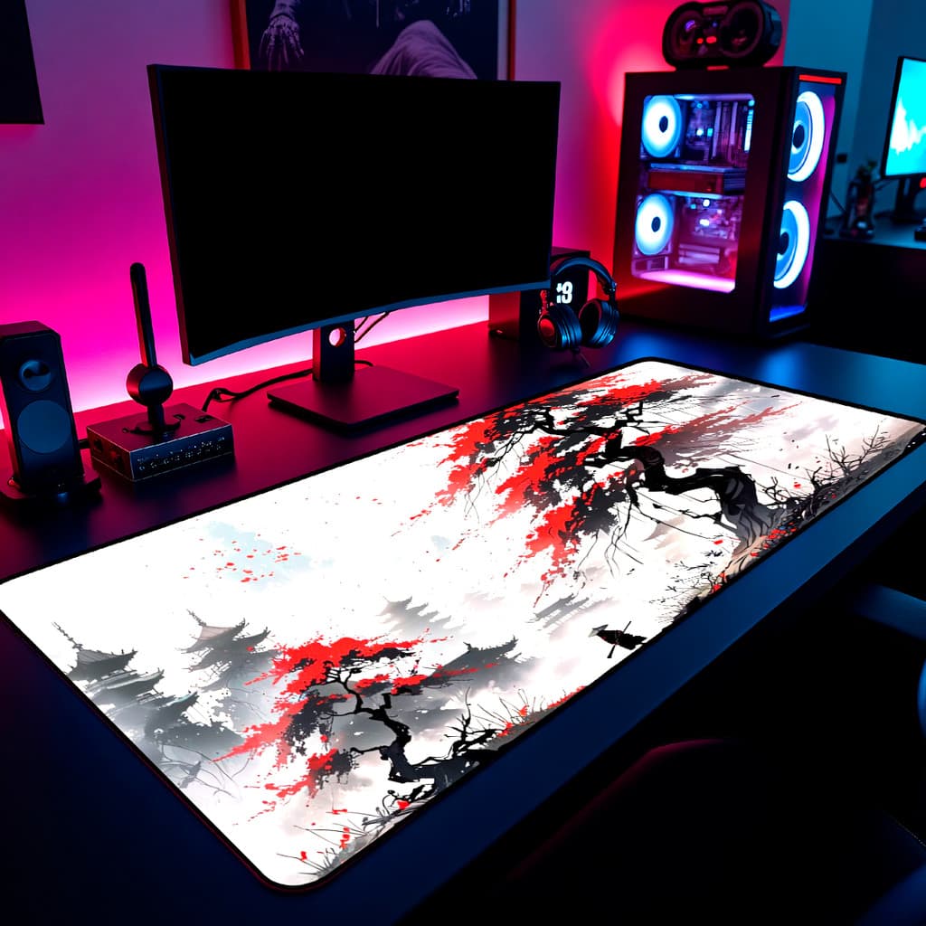 Mouse Pad Gamer Samurai Oriental Branco 65x30cm / 80x40cm / 90x50cm / 120x60cm / Borda Costurada