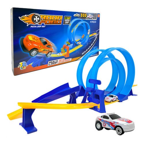 Pista Corrida Carrinho Fricção Loop 360 Roda Fogo Brinquedo  Azul