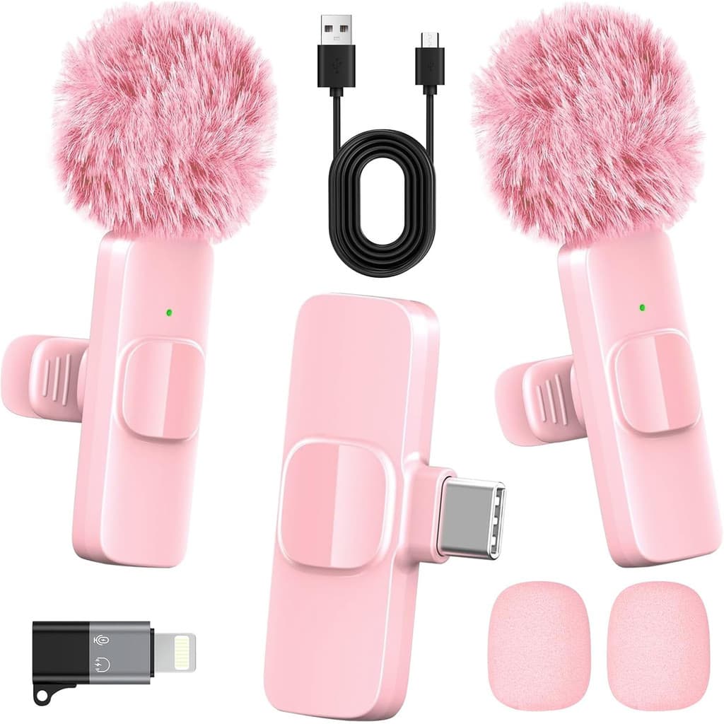 Microfone de lapela sem fio, K1K9 rosa, um para dois, microfone de rádio com redução de ruído ao vivo para celular